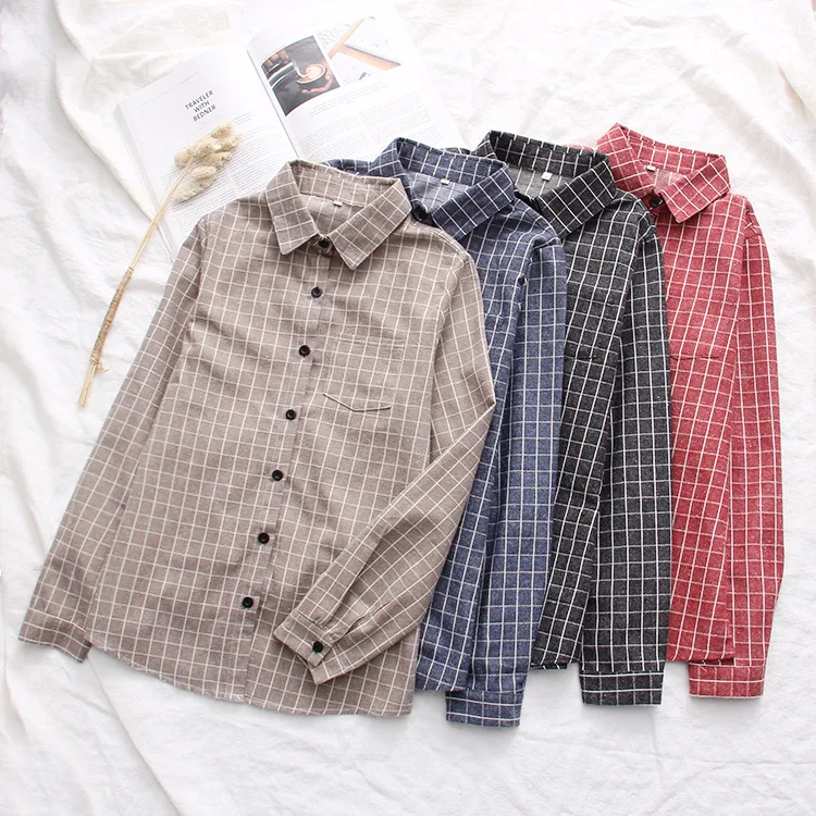 Eym 2024เสื้อเบลาส์แขนยาวสำหรับผู้หญิงผ้าฝ้ายลำลองแบรนด์เสื้อเชิ้ตลายสก๊อตใหม่ฤดูใบไม้ผลิ