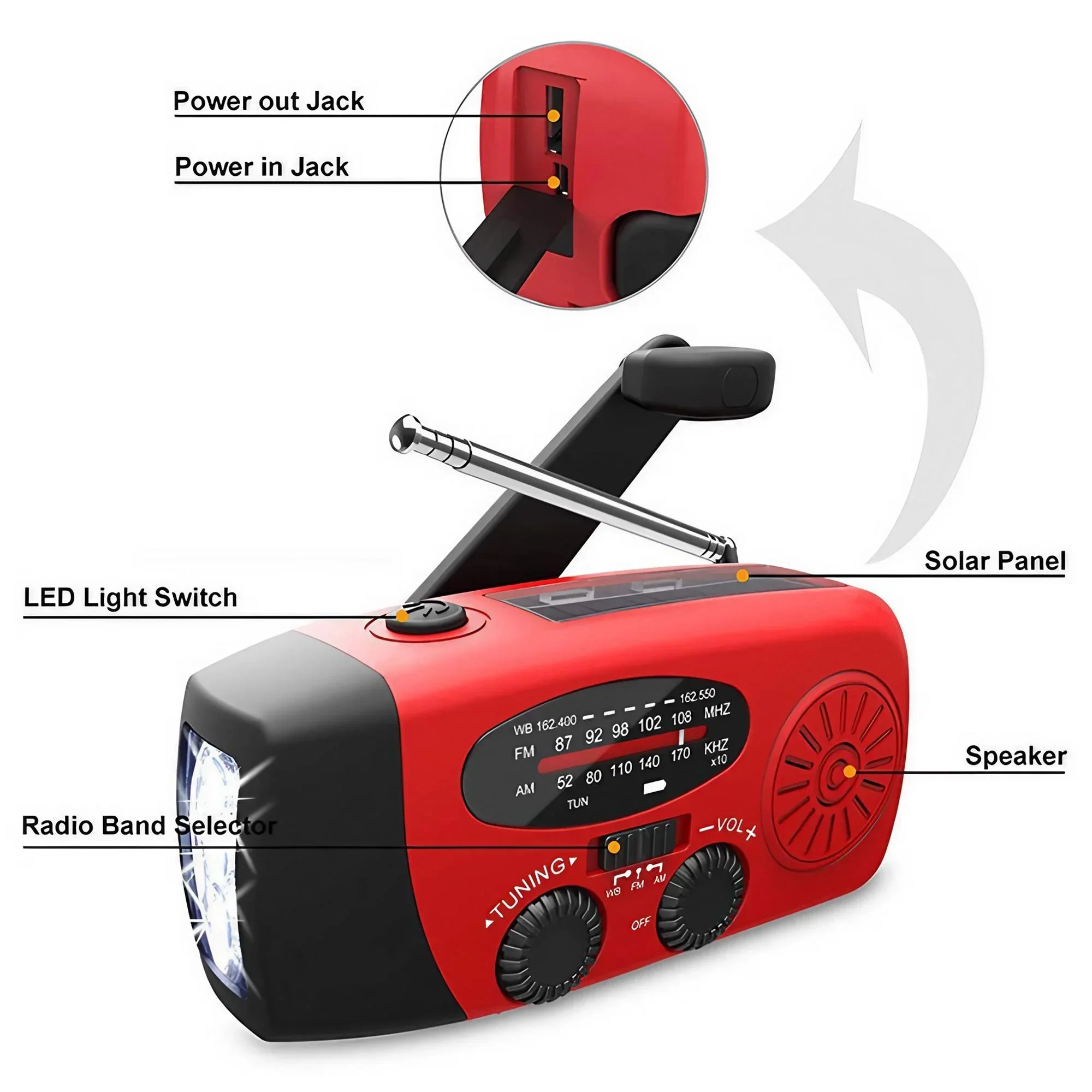 2000mAh 태양 핸드 크랭크 비상 라디오 AM FM WB NOAA 날씨 경고 USB 충전기 야외용 LED 손전등 보조베터리