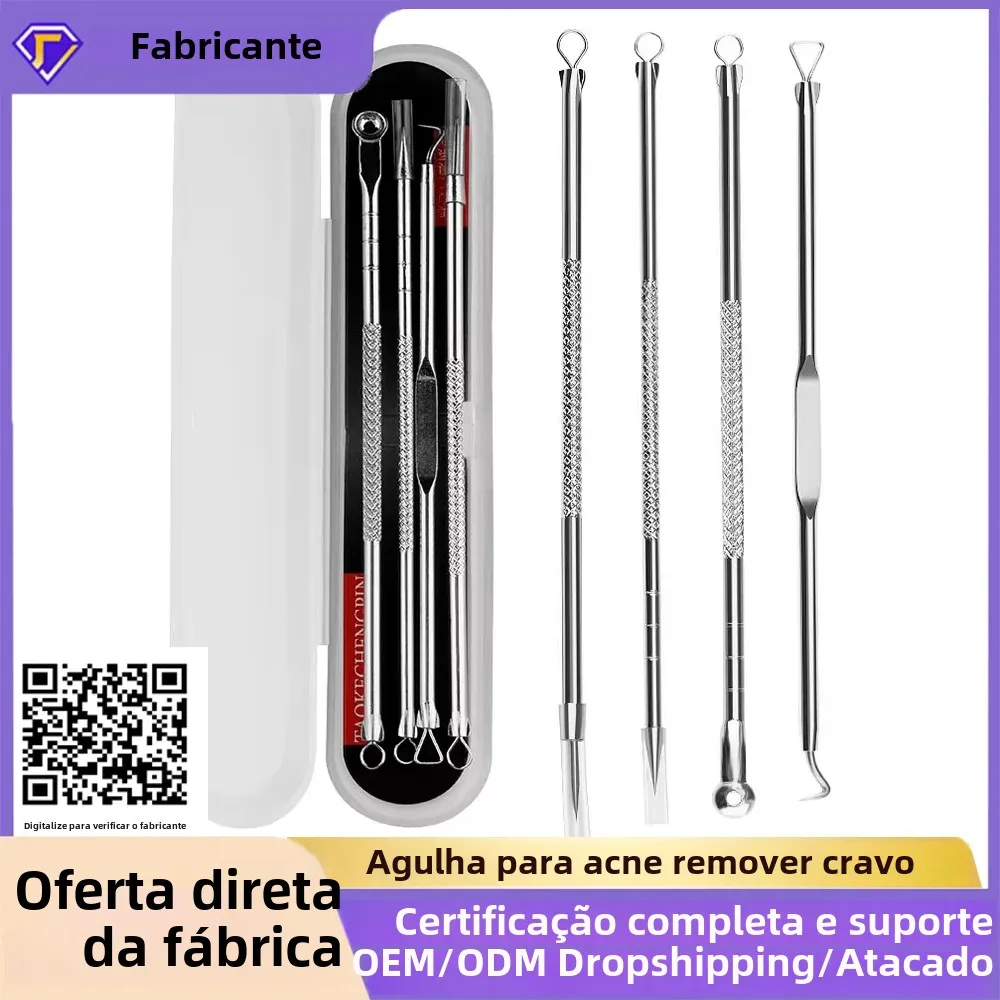 Agulha para acne, remoção de manchas de cravo, espinhas, comedone, 4 unidades, ponta dupla, aço inoxidável, limpeza facial, cuidados com a pele