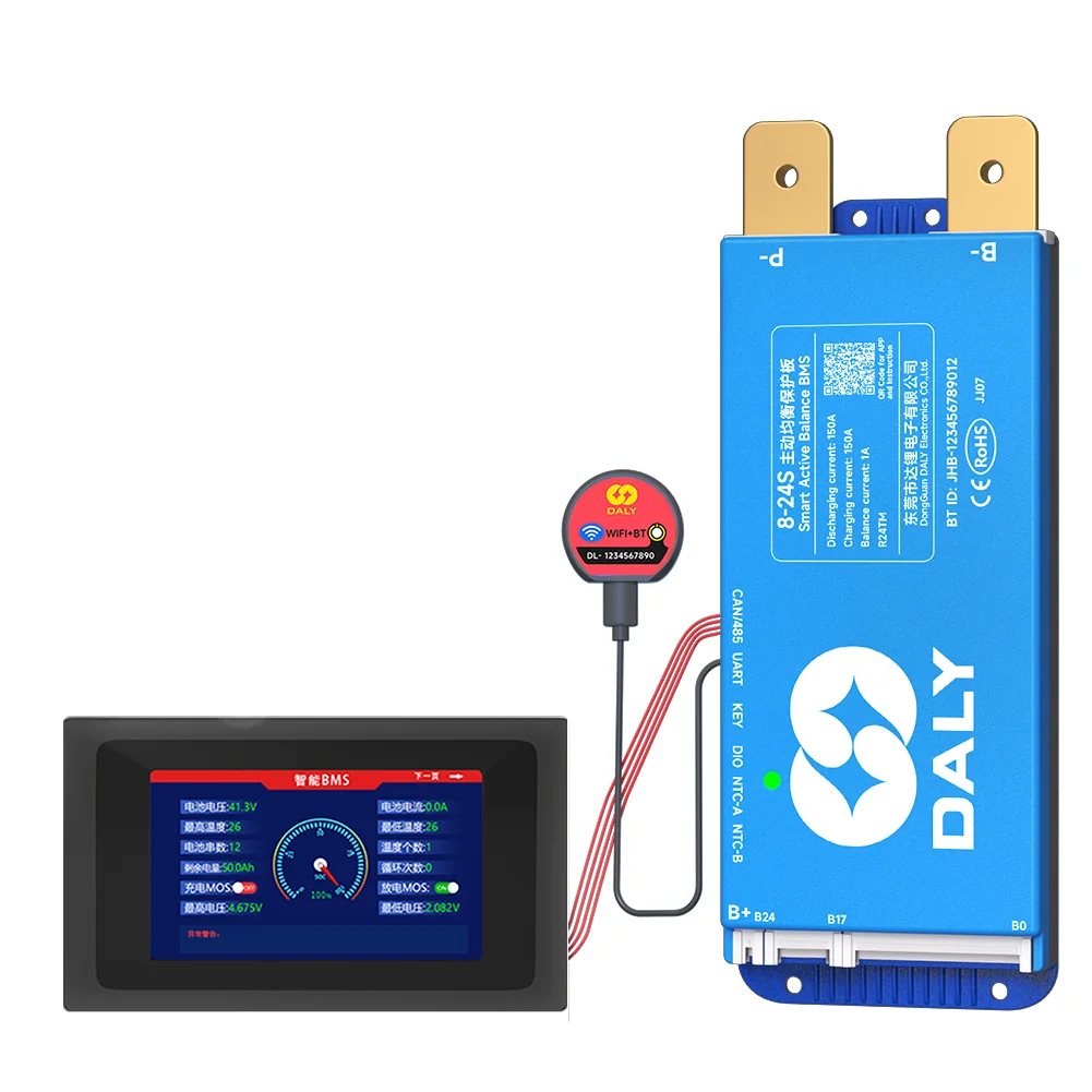Daly BMS WiFi activo BMS 250 amperios para Lifepo4 4S 8S 24S 100A 150A 200A 500A equilibrio activo 1A incorporado BT 7S 24V 12V 48V