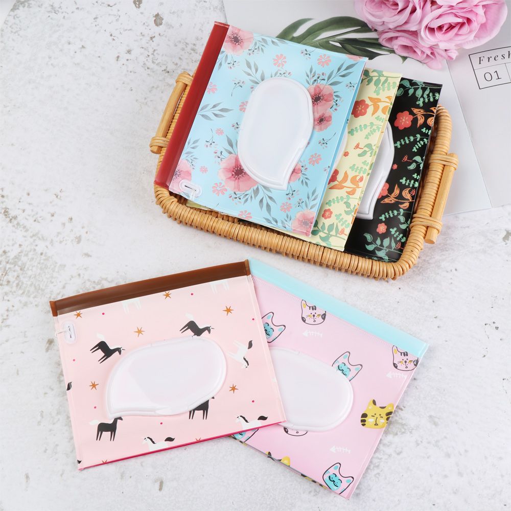 Cute Baby Product Flip Cover Snap-Strap Carrying Case Tissue Box Cosmetic Pouch Stroller Accessories Wet Wipes Bag