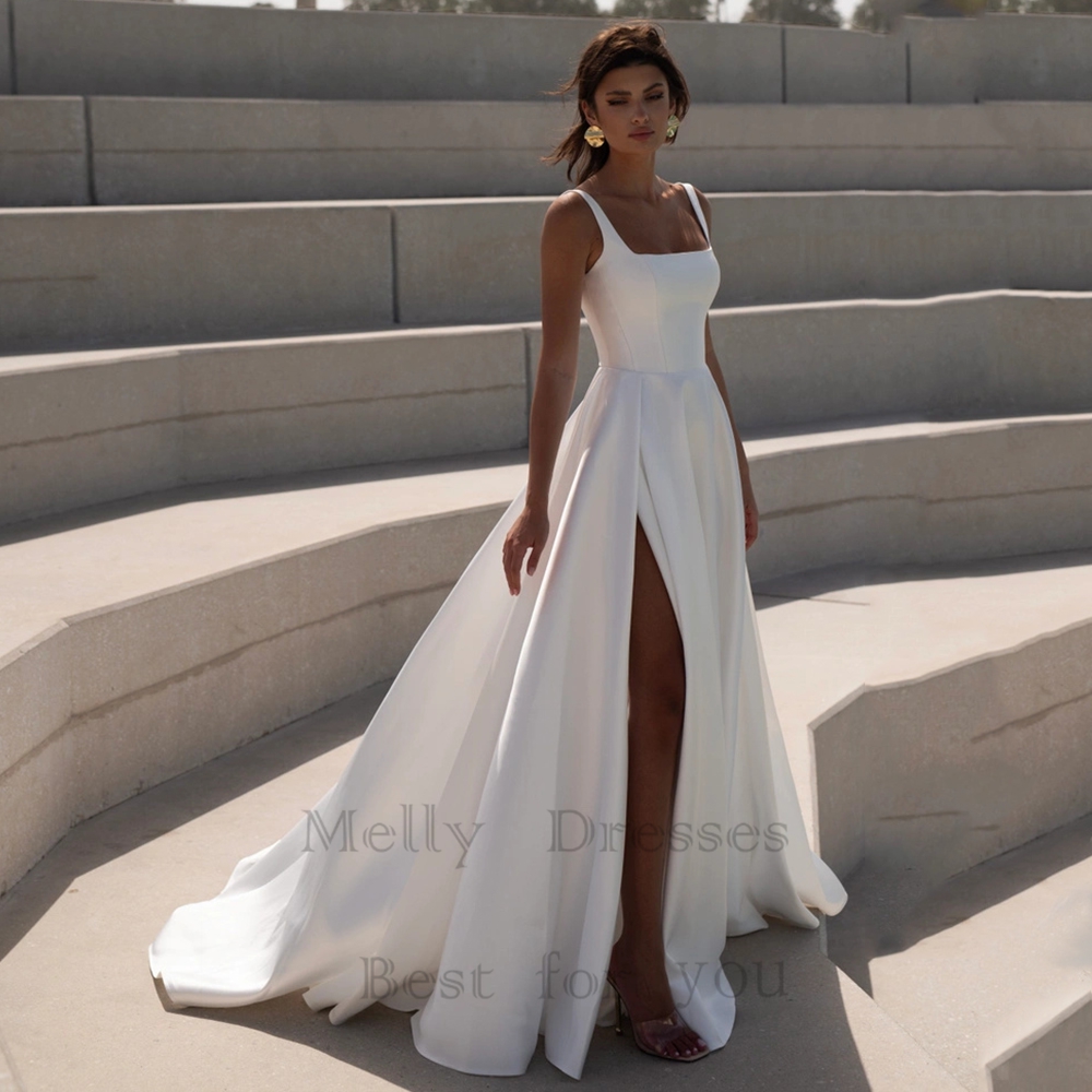 Proste sukienki ślubne z kwadratowym dekoltem z bocznym mułem elegancka suknia ślubna Lvory z bez pleców dla kobiety 2024 New Vestido De Novia