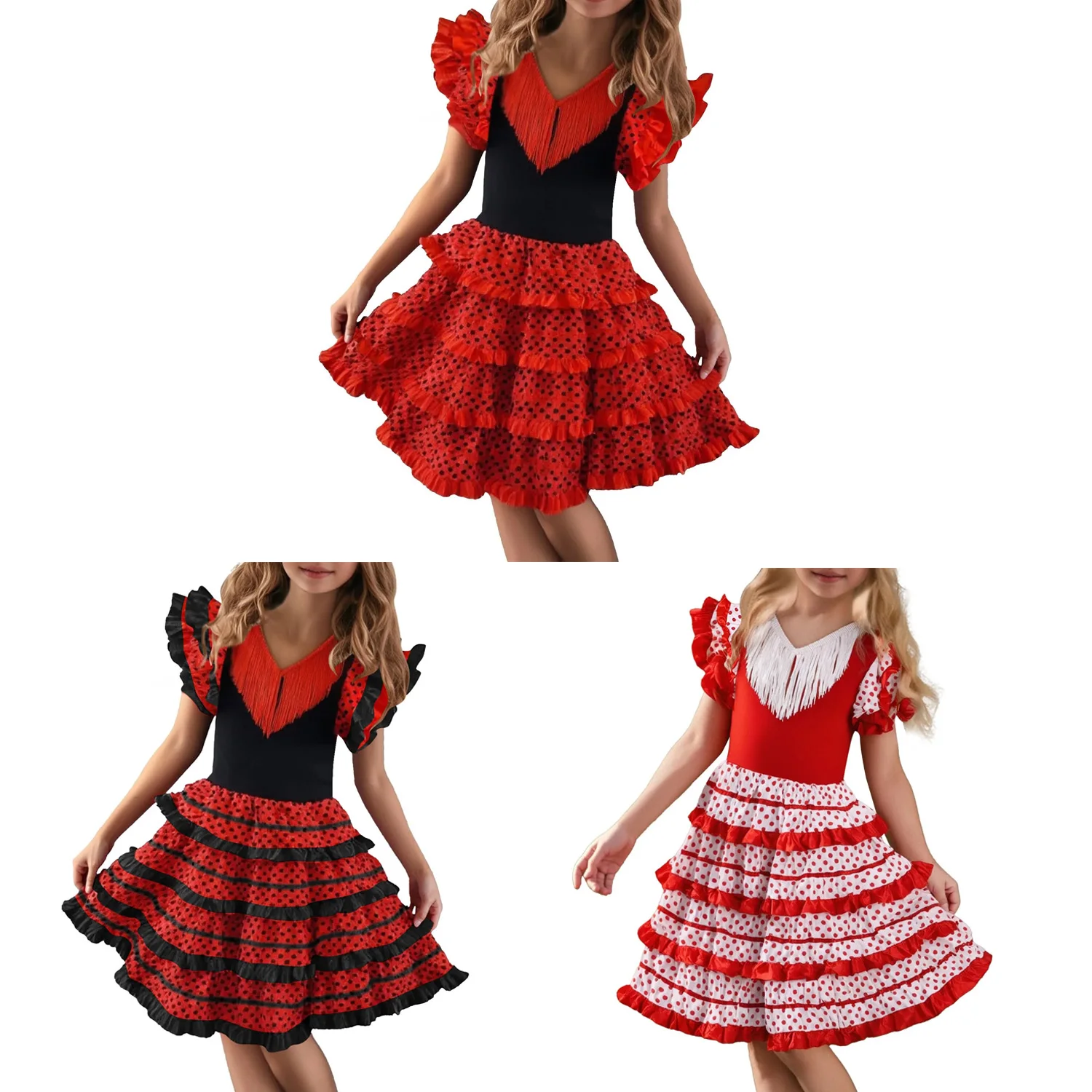 Vestido de baile tradicional español para niñas, vestido de lunares con borlas para Festival, falda clásica de estilo gitano Flamengo de cuatro colores para niños