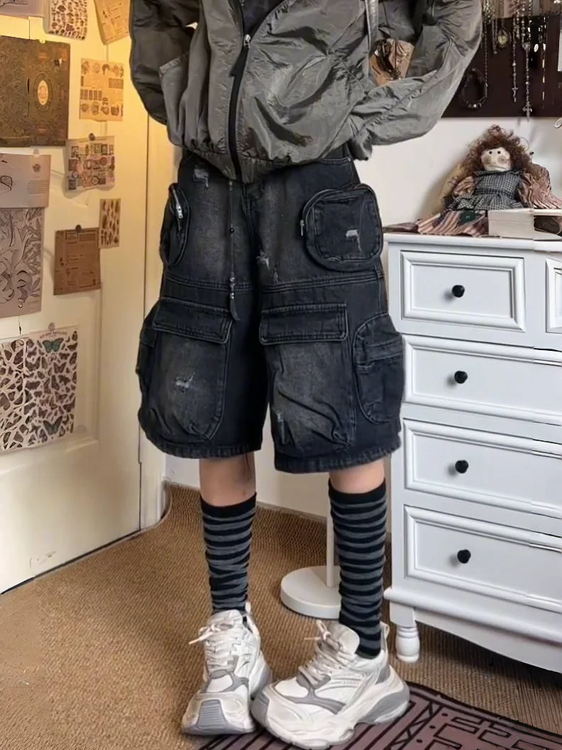 American Street übergroße gewaschene Vintage Multi Pocket Frauen Workwear Denim Shorts hoch taillierte Hose mit geradem Bein