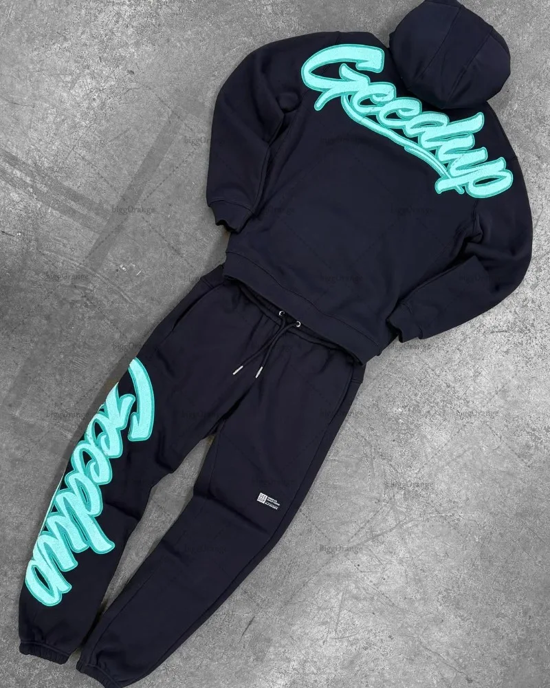 Street Hip-Hop Gothpunk Schwarze Männer Set American Harajuku Y2K Retro Brief Hoodie 2025, High Street Trendy Casual Lose Kleidung