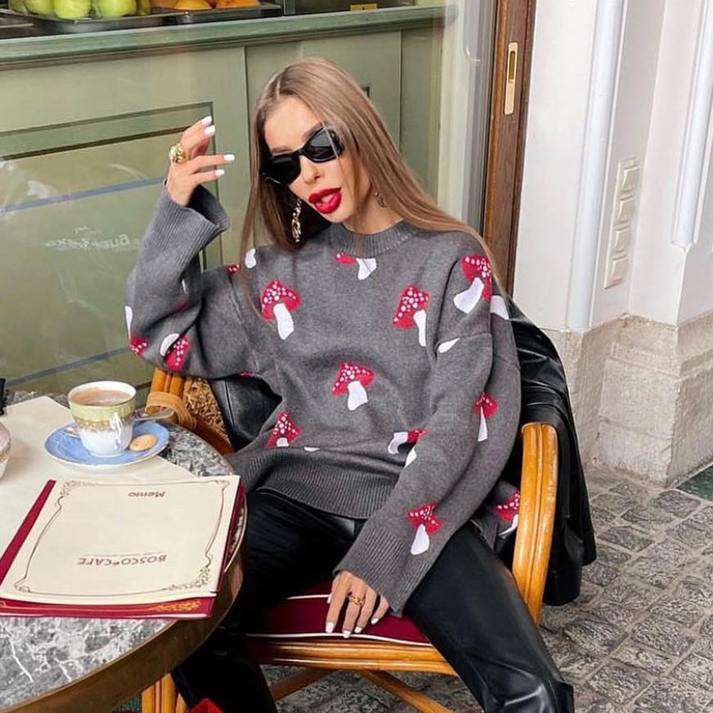 Zekye-suéteres negros con gráfico de setas para mujer, prendas de punto holgadas de manga larga para invierno, prendas de vestir básicas informales, jersey elegante de otoño