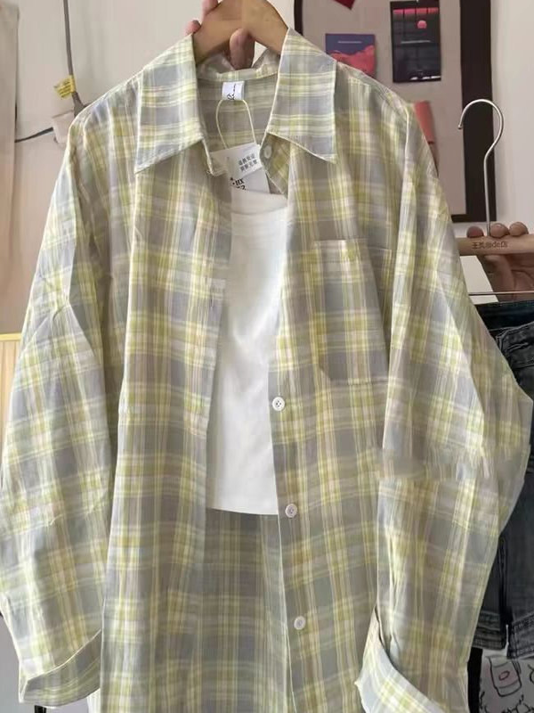 Csa de Manga Longa em Xadrez de Aodão 00% Puro Tamanho ande Fena Estilo Solto Moda Proteção Solar Estilo Artístico