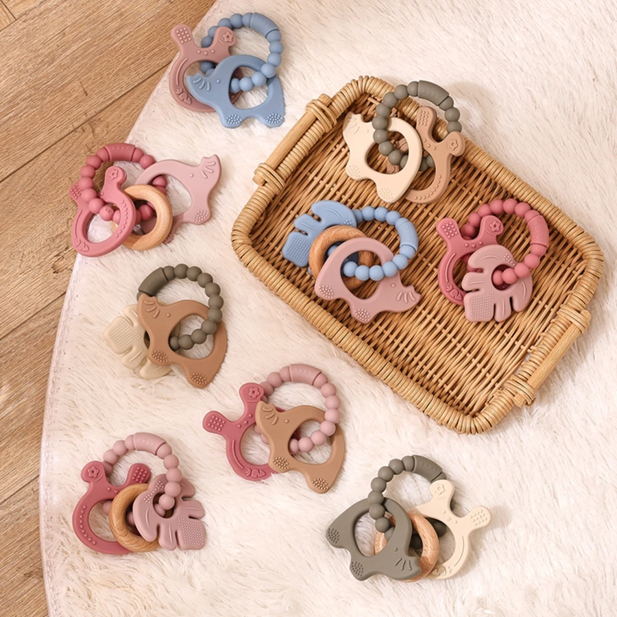 1Pc Baby Silicone Teether Toys BPA Free Silicone Bracelet Rabbit Teething Toys Wooden Ring Nursing Tooth for Newborn Toys Gift