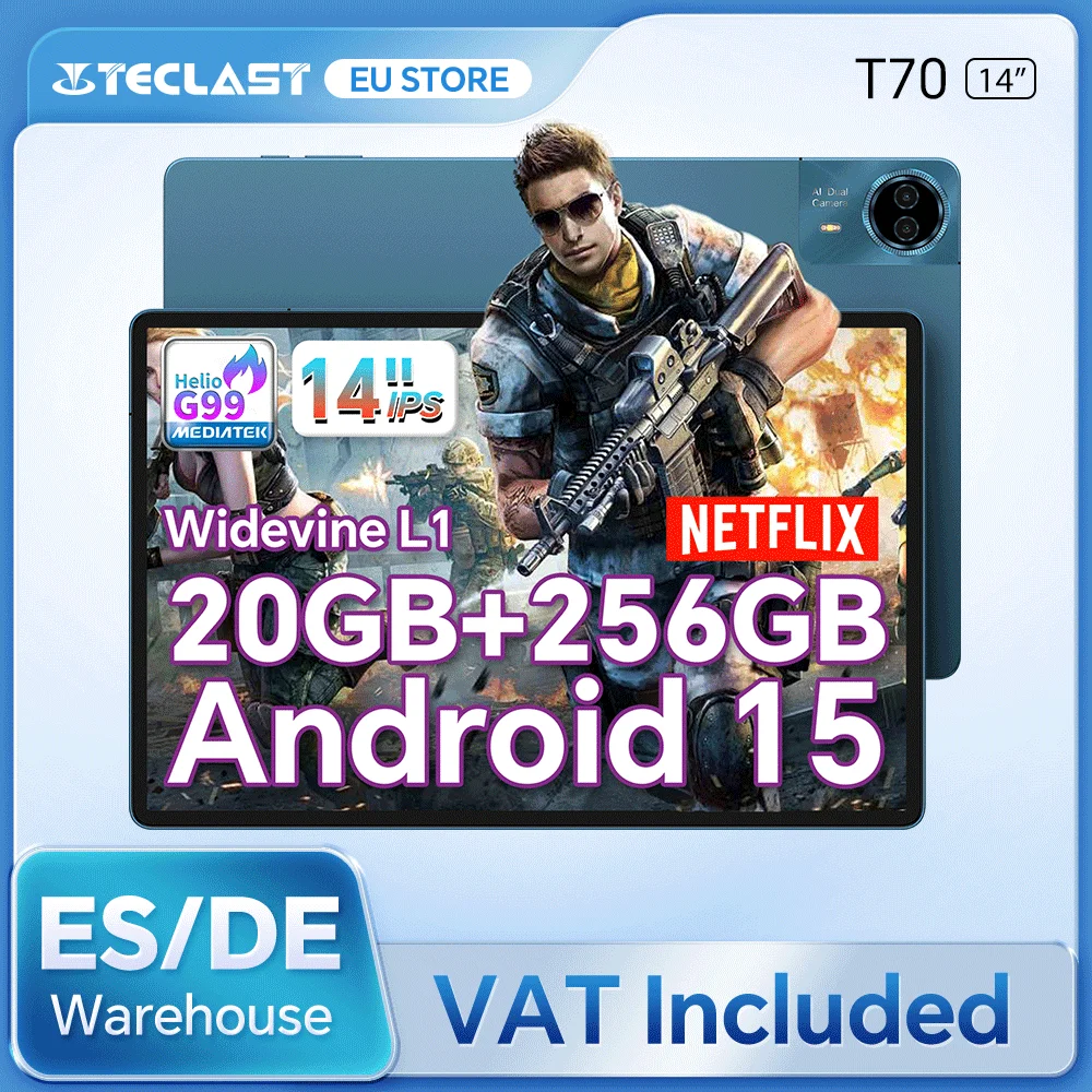 Teclast T70 14 "Tablet Android 15 MTK G99 CPU Max 20GB (8GB + 12GB de expansión) RAM 256GB ROM 4G LTE 10000mAh 18W GPS de carga rápida