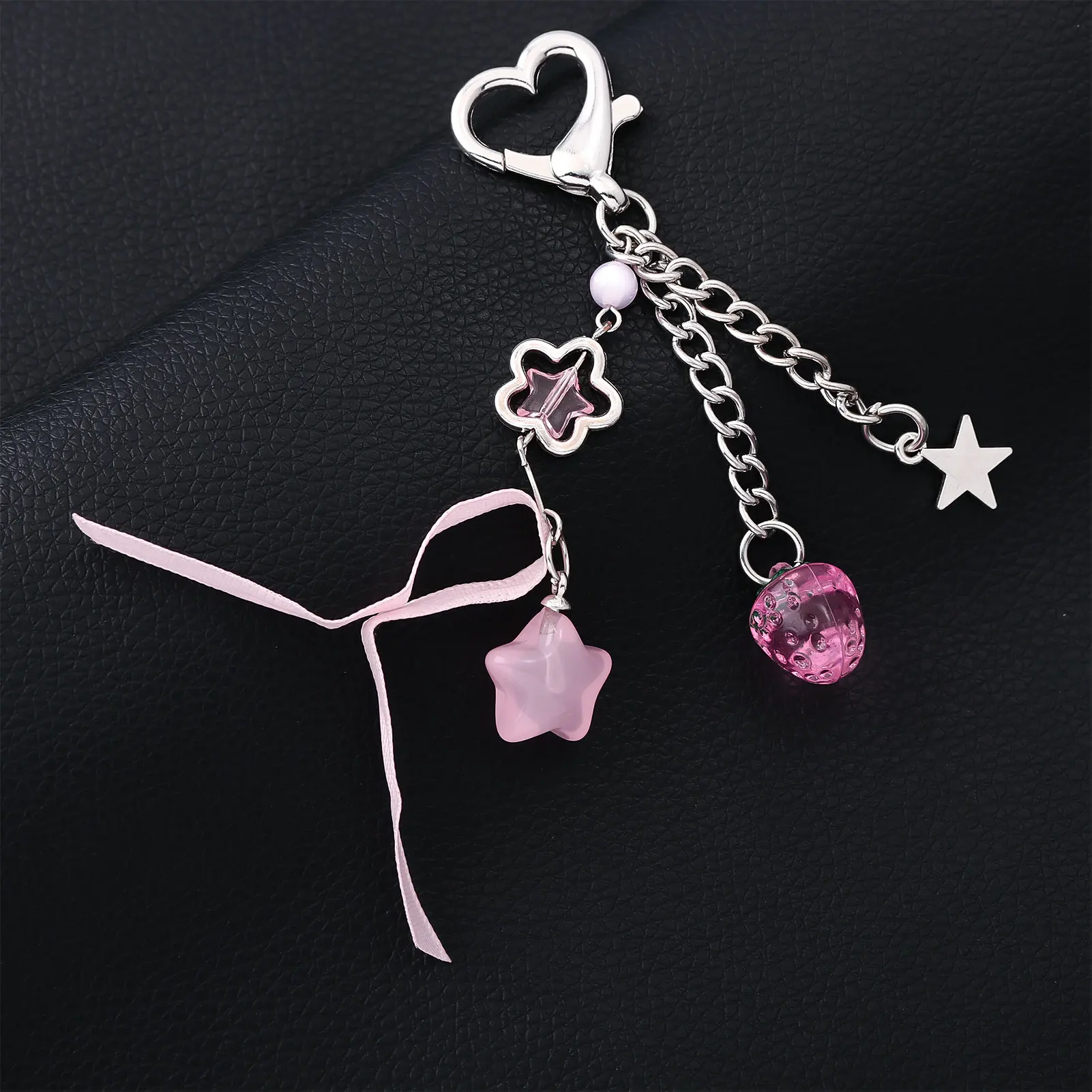 1 pz portachiavi con fiocco stile dolce ciondolo rosa telefono cellulare creativo catena corta amore stella a cinque punte accessori decorazione borsa