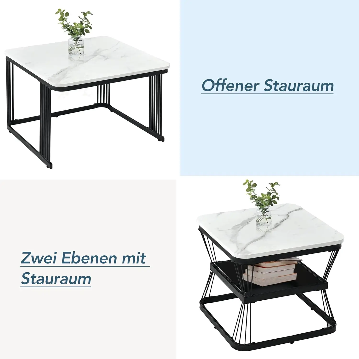 Merax Quadratisch Couchtisch 2er Set, Moderner Wohnzimmertisch mit Marmormuster, Matt Satztisch mit Storage,
