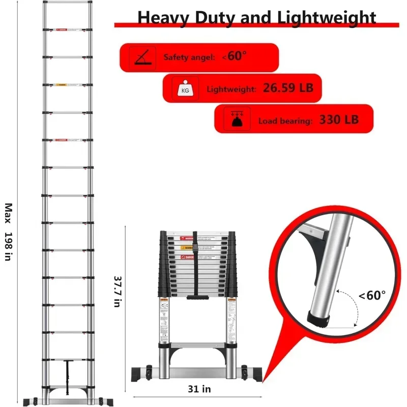 2025 New 16.5 FT Telescoping Ladders Stainless Steel Telescopic Ladder - Multi-Button Retraction Collapsible Ladder For Home,