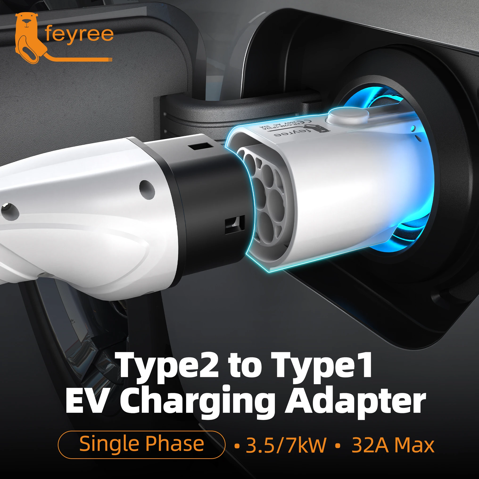 Адаптер зарядного устройства для электромобилей feyree Type2 IEC62196-2 на Type1, автомобильная розетка для зарядки, адаптер зарядного устройства переменного тока, 32 А, 1 фаза, 3,5 кВт, 7 кВт, максимальный электромобиль
