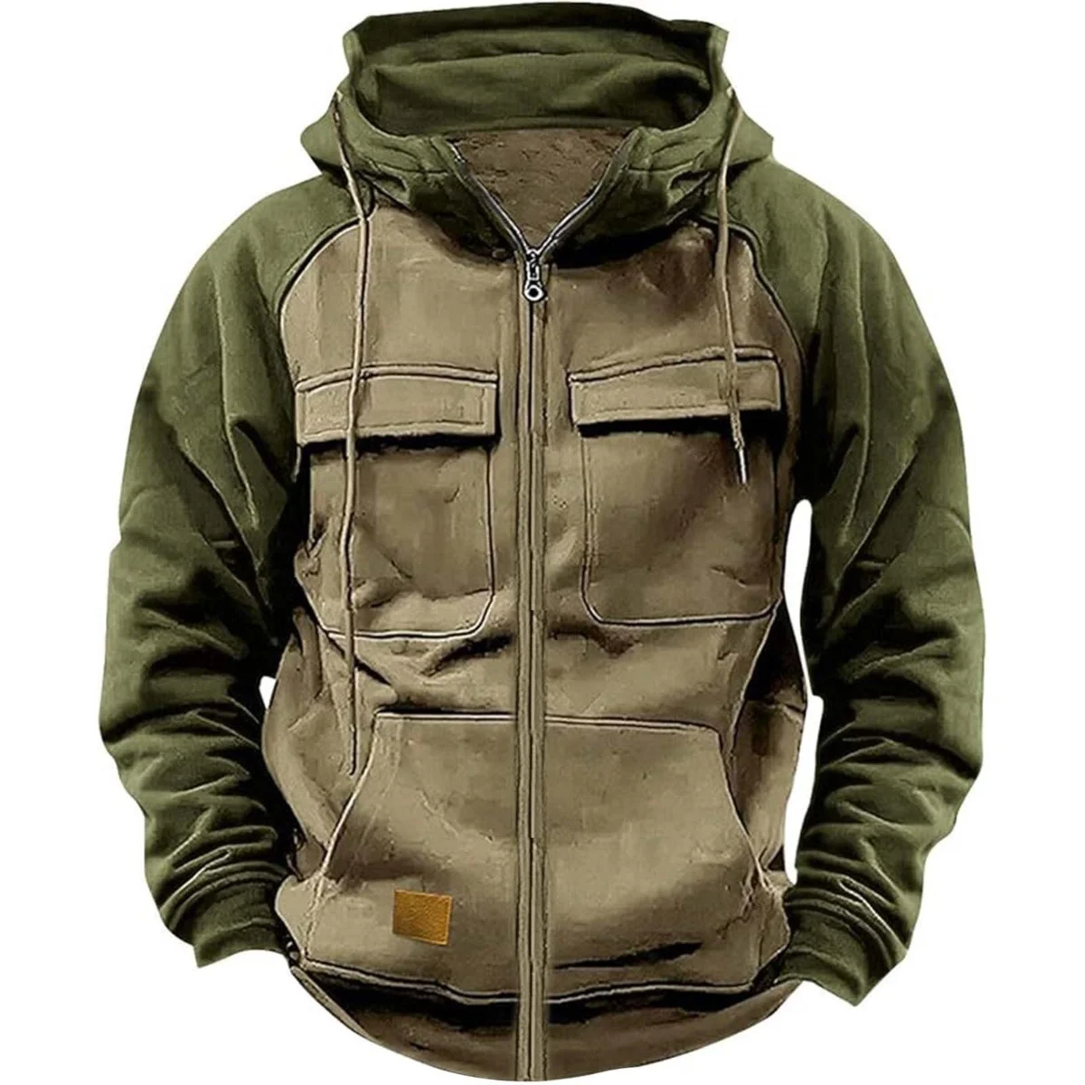 Sudadera con capucha para hombre, chaqueta polar de retales con cremallera, cálida, deportiva, Otoño Invierno, con múltiples bolsillos, capucha de moda