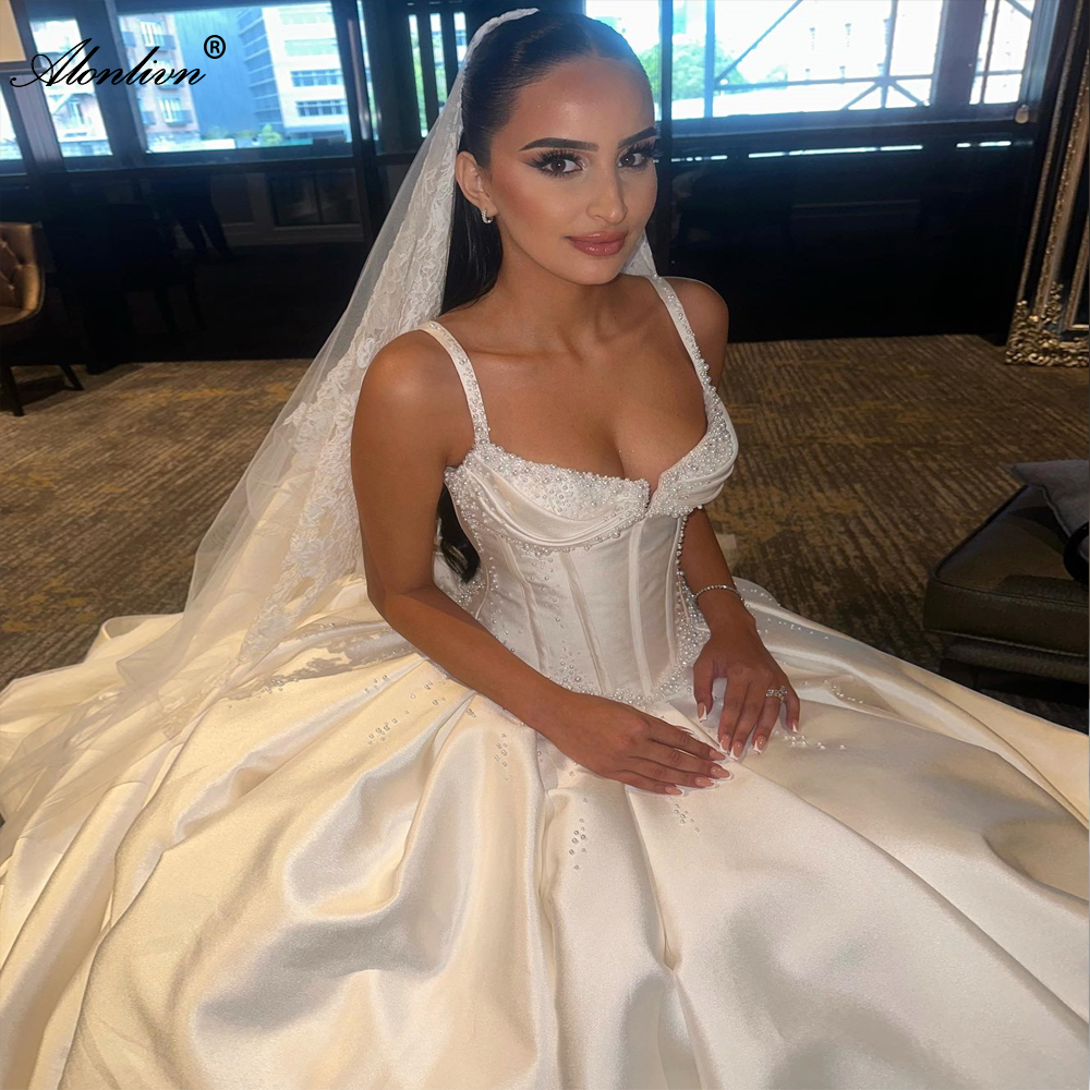 Alonlivn luxury Satin Sweetheart a-line abiti da sposa perline perle senza spalline abiti da sposa