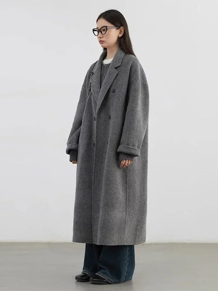 CHIC VEN Frauen Woolen Mantel Zweireiher Grundlegende Lose Beiläufige Retro Neue Lange doppelseitige Weibliche Mantel Herbst Winter 2024