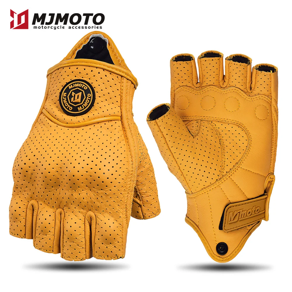 MJMOTO Retro Couro Motocicleta Meio Dedo Luvas Touchscreen Motocross Luvas Hard Shell Proteção Luva de Moto Respirável