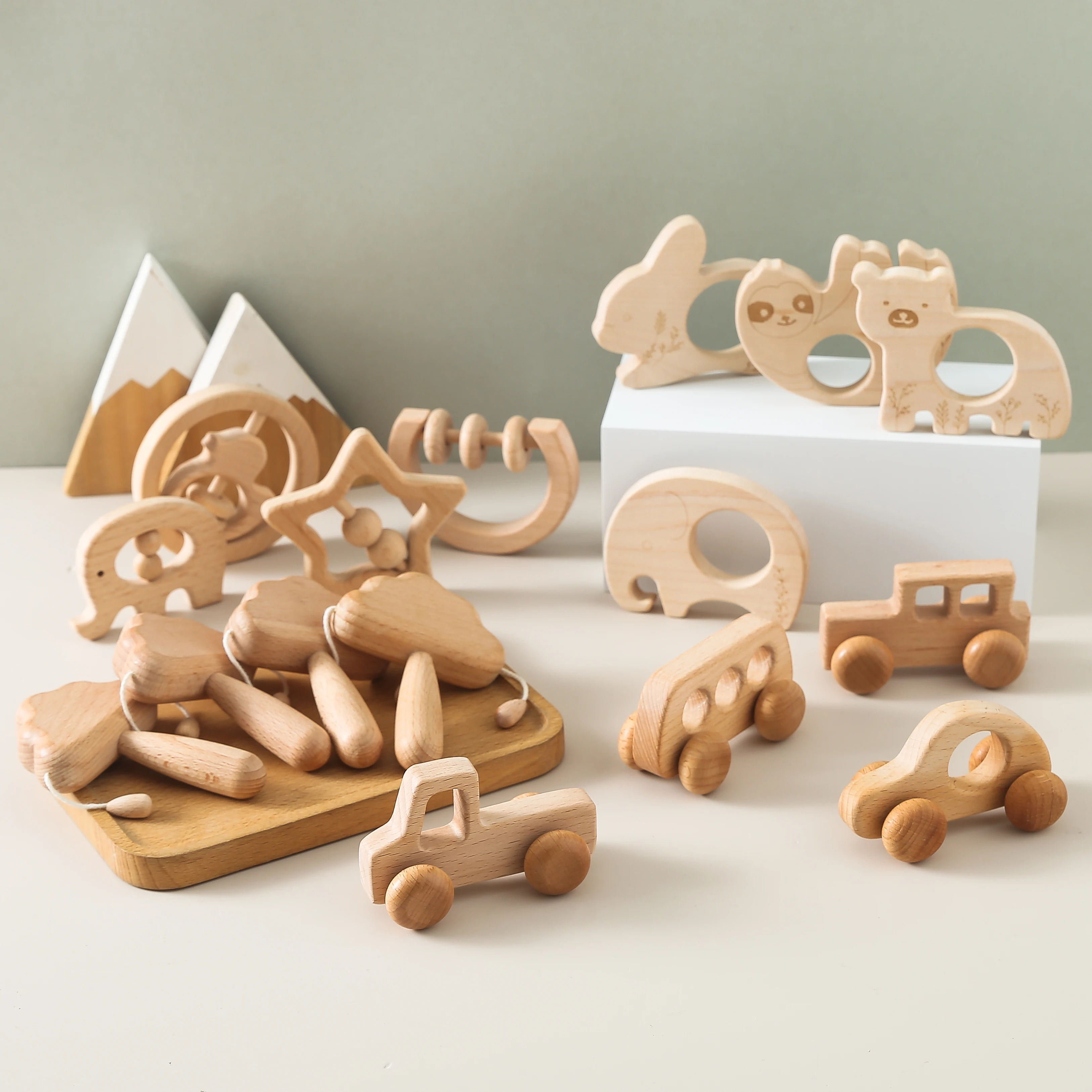 木製のクマの形をしたガラガラ,4/ピース/セットのブナ材の赤ちゃんのガラガラ,遊び,体操,モンテッソーリのおもちゃ,教育用