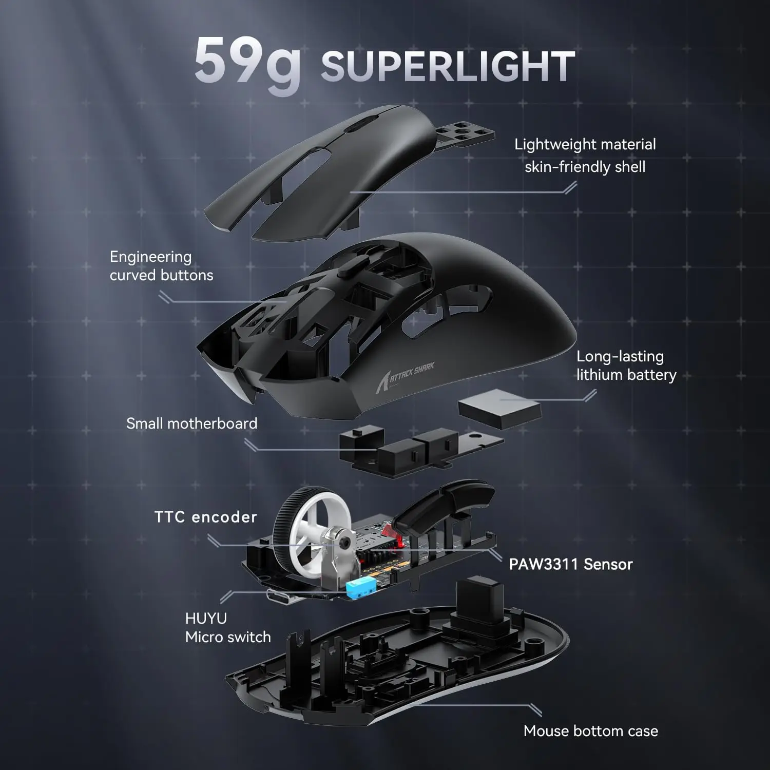 MAMBASNAKE x ATTACK SHARK R1 59g SUPERLIGHT Mouse, PixArt PAW3311 Gaming Sensor, BT/2.4G Wireless/Wired Gaming Mouse