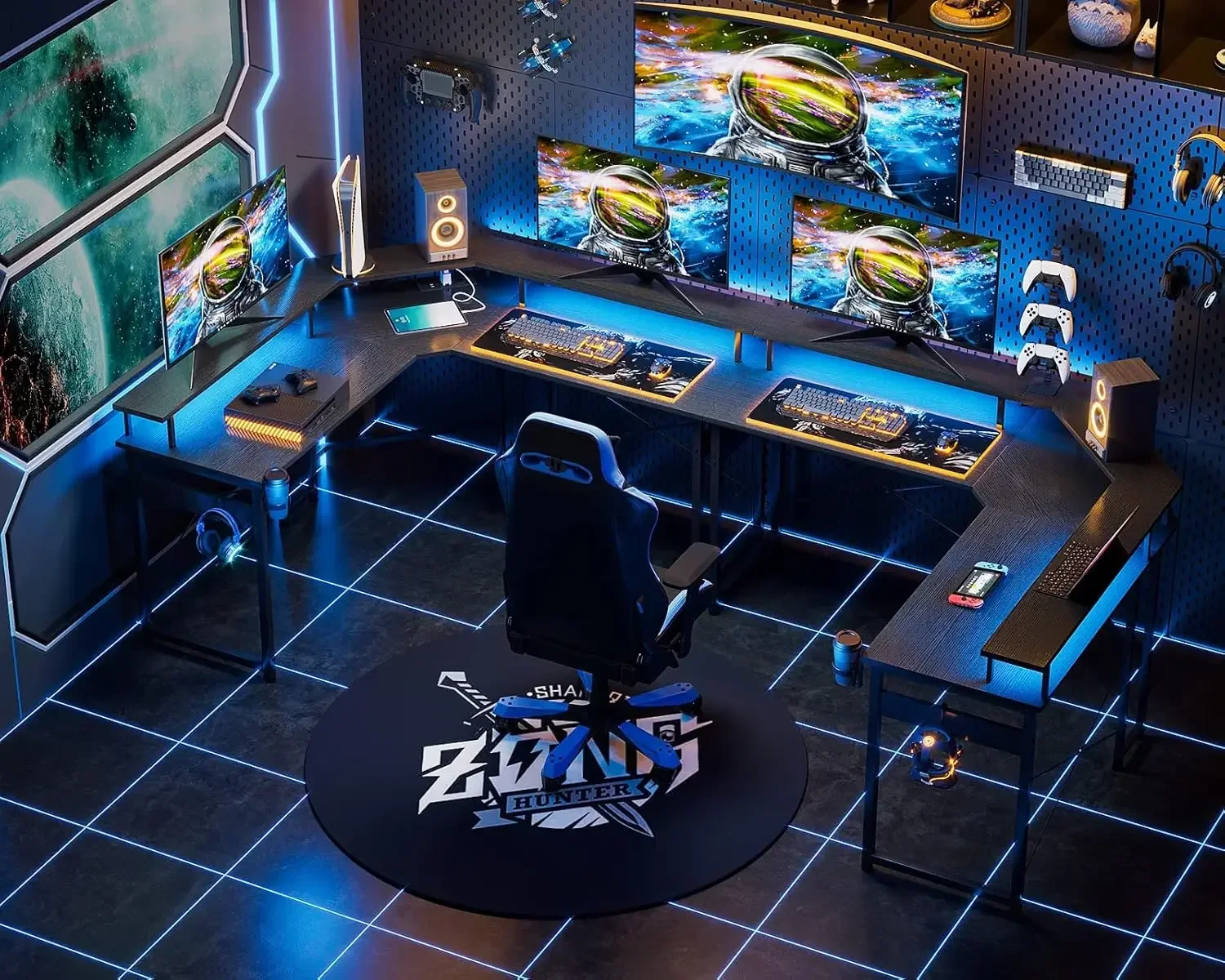 Mesa Gaming con LED, Escritorio Gaming con Enchufes y Puertos USB, Mesa Escritorio Gaming con Soporte para Monitor