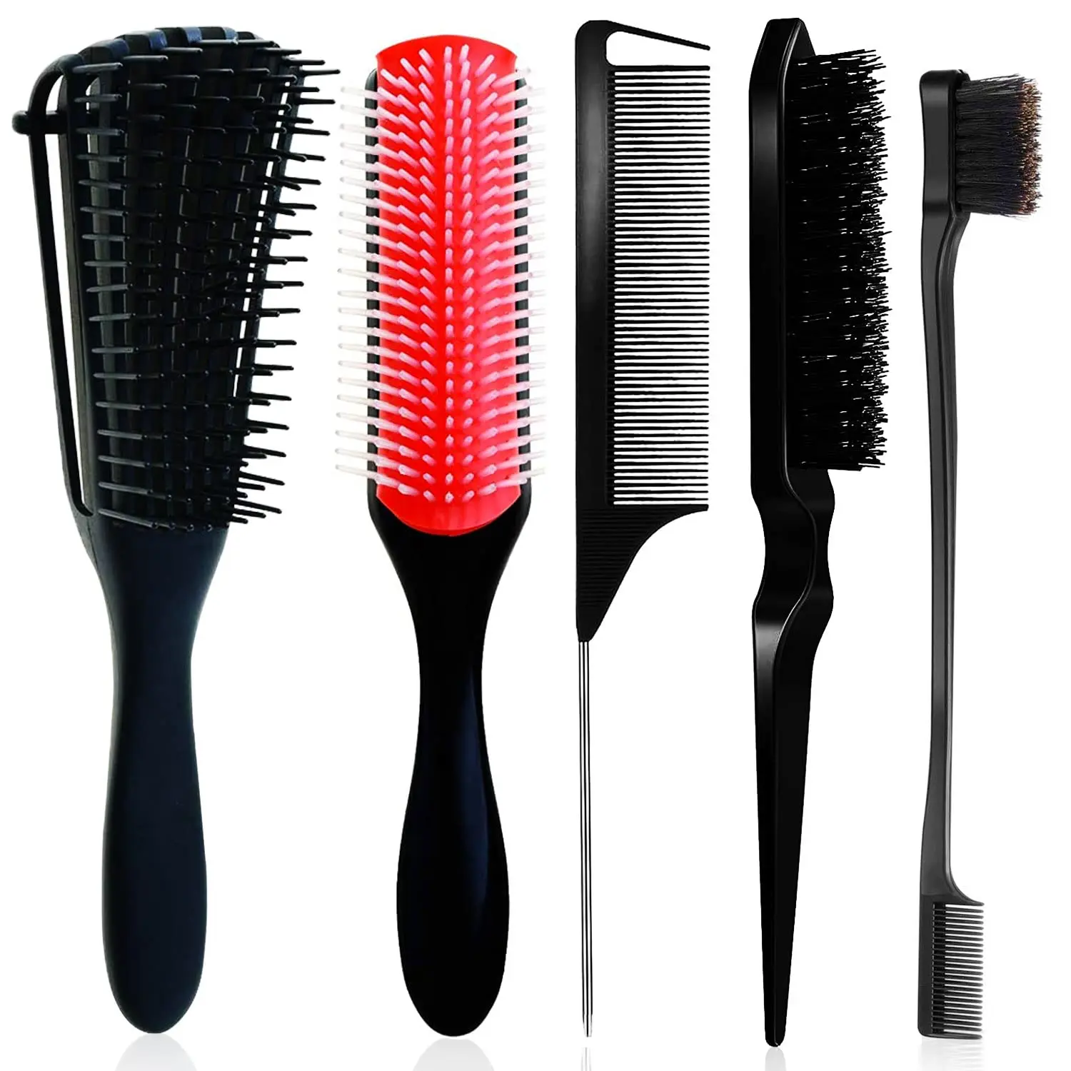 Set di 5 spazzole districanti, ricci, bagnati/asciutti, capelli neri, set di spazzole districanti flessibili per acconciature e taglio, facile da pulire al quotidiano