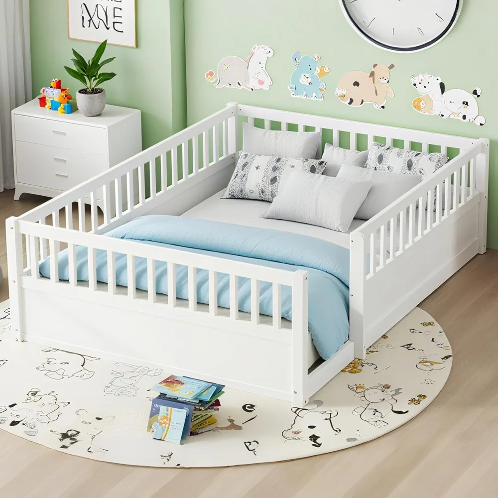 Full Size Floor Bed Frame with 19.6" High Fence, Solid Wood Low Platform Floor Bed Full for Kids, No Box Spring Needed