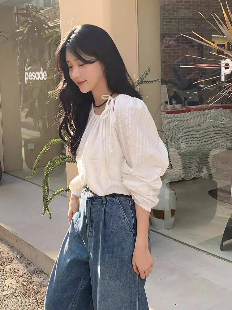 Chic round Neck Long Sleeve Loose Women's Shirt Drawstring Hollow out Design Versatile Fall Fashion Business Casual Sle