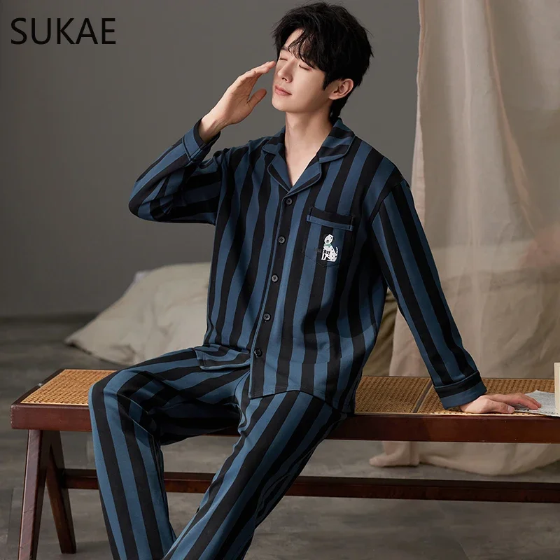 SUKAE Casual męska Pijama Faux bawełniana miękka bielizna nocna jesienno-wiosenna Homesuit Gentleman skręcić w dół kołnierz bielizna nocna piżamy chłopięce