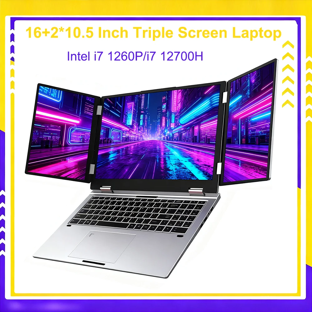 16+2*10.5 Inch Triple Screen Laptop Intel Core i7 1260P 32GB RAM 2TB Office Notebook Fingerprint/Face Recognition Unlocking PC