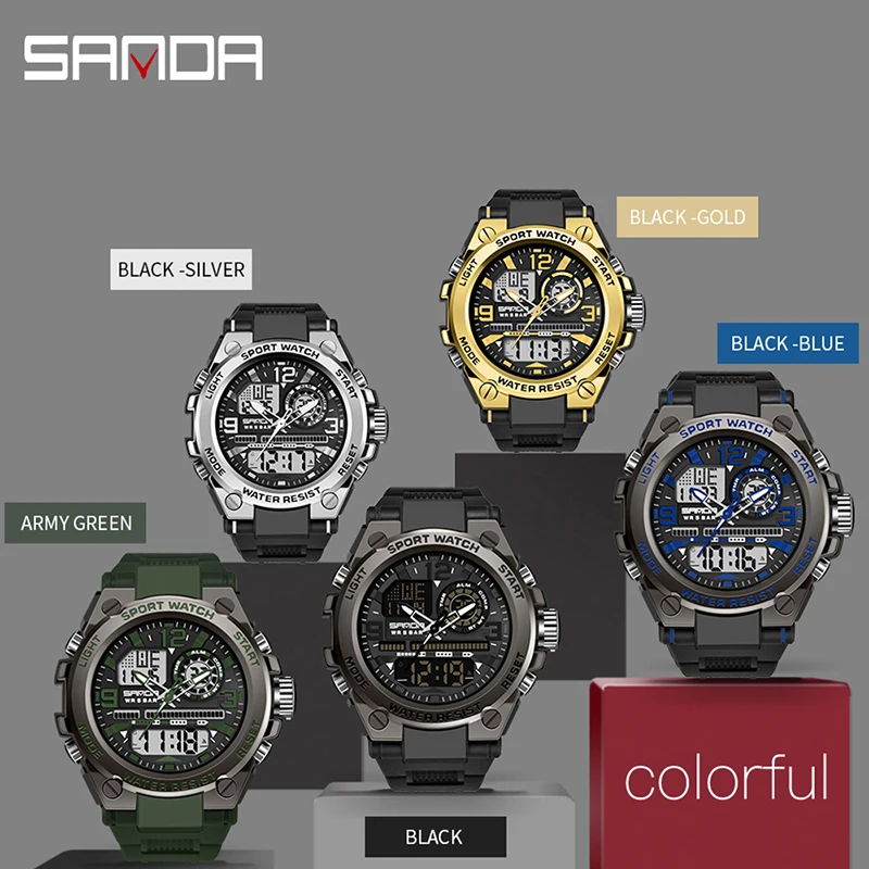 SANDA ผู้ชายกีฬานาฬิกาควอตซ์ Dual Display LED อิเล็กทรอนิกส์นาฬิกาข้อมือดิจิตอลกันน้ํานาฬิกาทหาร Relogios Masculino