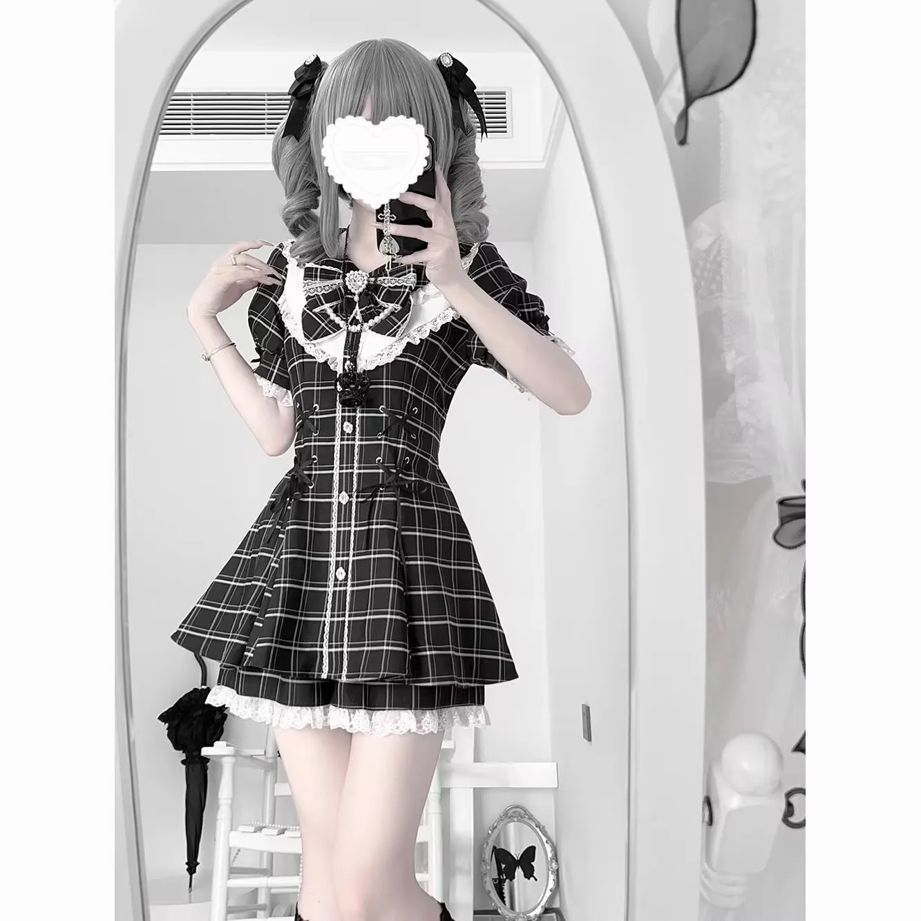 Kawaii Kurzarm Rock Sets Frauen Y2k Ästhetische Schlanke Hohe Taille Neue Kleid Anzug Grau Kariert Chic College Stil 2-teilige Outfits