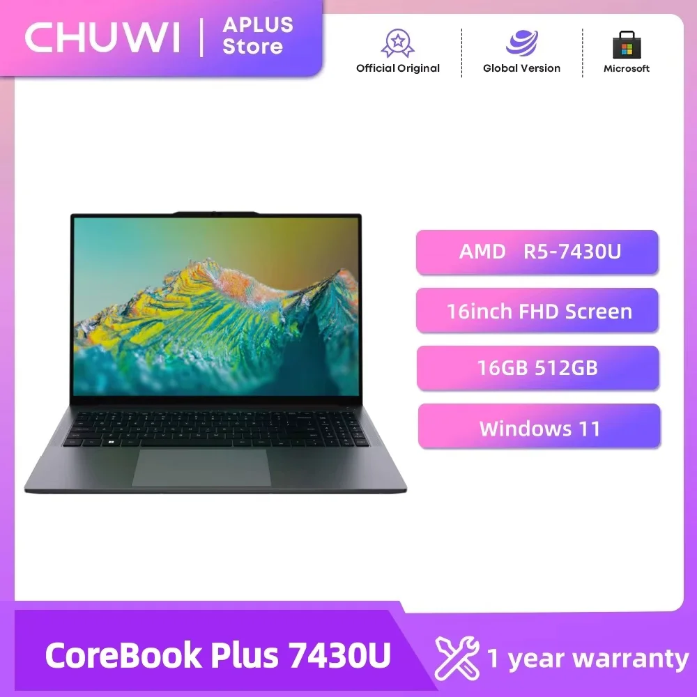 CHUWI CoreBook Plus Laptop AMD R5-7430U 6 Cores Gaming Laptop 16GB RAM 512GB SSD16inch Large FHD Screen Notebook Windows 11