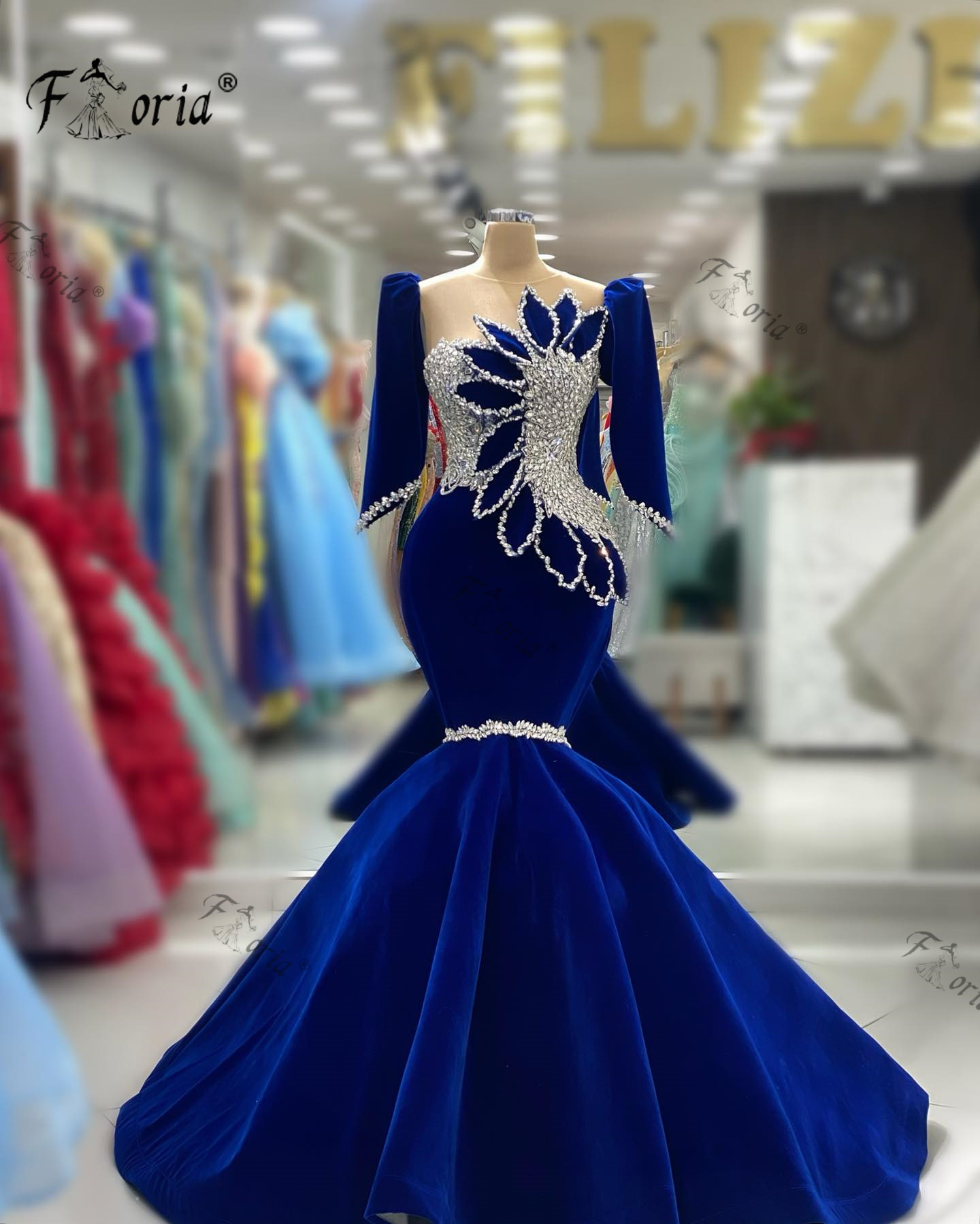 Samt Meerjungfrau Königsblau Abendkleid Kurzarm 3d Blatt Kristall Strass formelle Anlass Kleider elegante Brautkleid