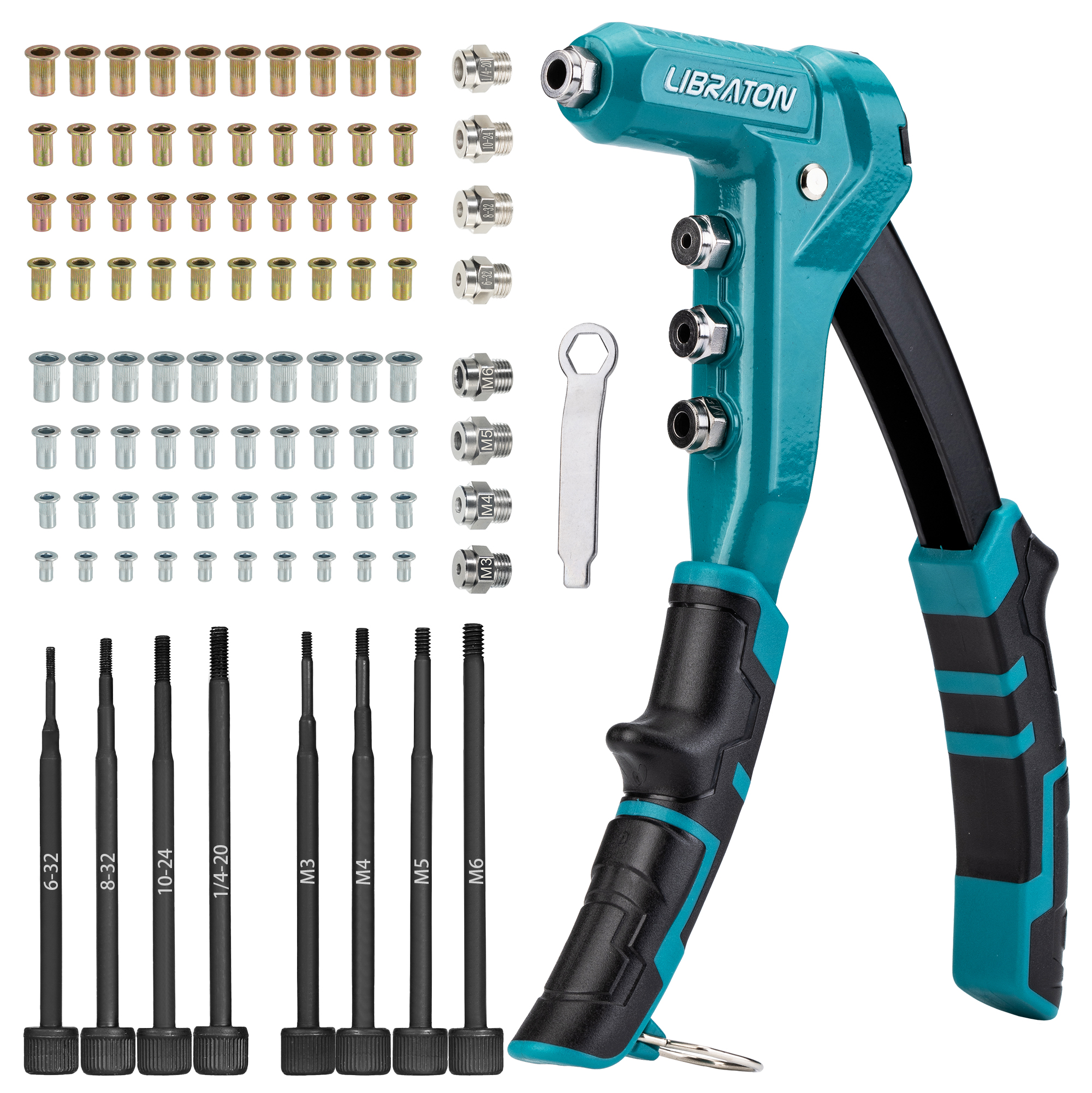 LIBRATON Kit de pistola para tuercas de remache, pistola para remaches de tuercas con una sola mano de 9,5 pulgadas con 80 tuercas de remache roscadas métricas M3-M6 y SAE de 6-32 "a 1/4-20"