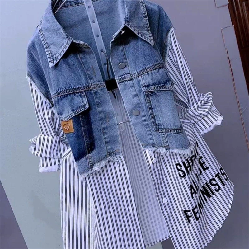 Nueva chaqueta vaquera empalmada para mujer, camisa vaquera de moda coreana para primavera y otoño, Tops, chaquetas vaqueras informales, cortavientos para mujer