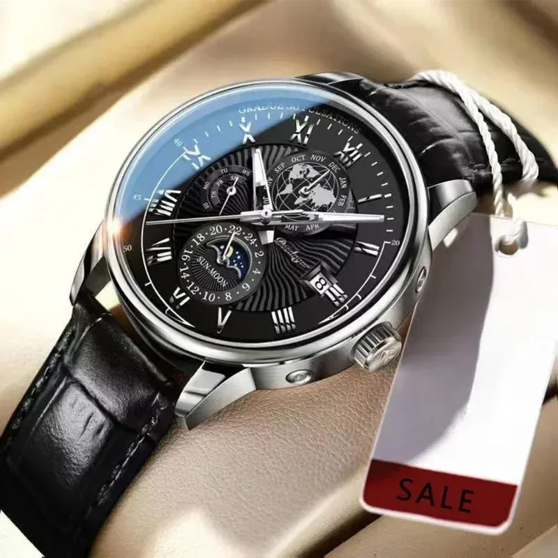 Reloj de lujo para hombre, cronógrafo resistente al agua, patrón de fase lunar, reloj de pulsera luminoso para hombre, relojes de cuarzo de cuero PU para hombre, reloj informal