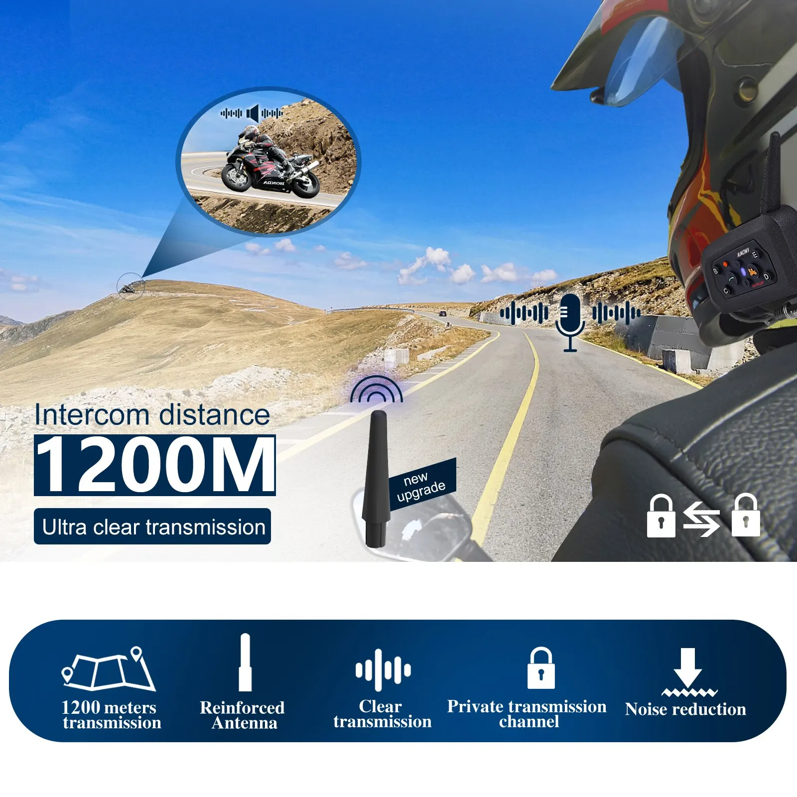 Xinowy v6 plusオートバイ用ヘルメットBluetoothヘッドセットインターホン1200mインターフォンコミュニケーター防水6ライダー