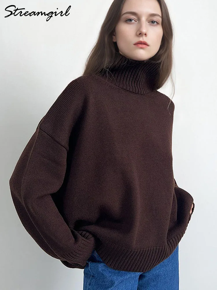 Suéter de gola alta marrom feminino pulôveres outono oversized manteiga amarelo suéteres grosso gola de tartaruga malha suéter folgado para mulheres