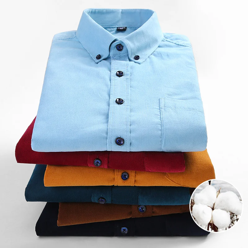 Baumwoll-Cord-Hemd, langärmelig, Winter, normale Passform, Freizeithemd für Herren, warm, S–6XL, solide Herrenhemden mit Taschen, Herbstqualität