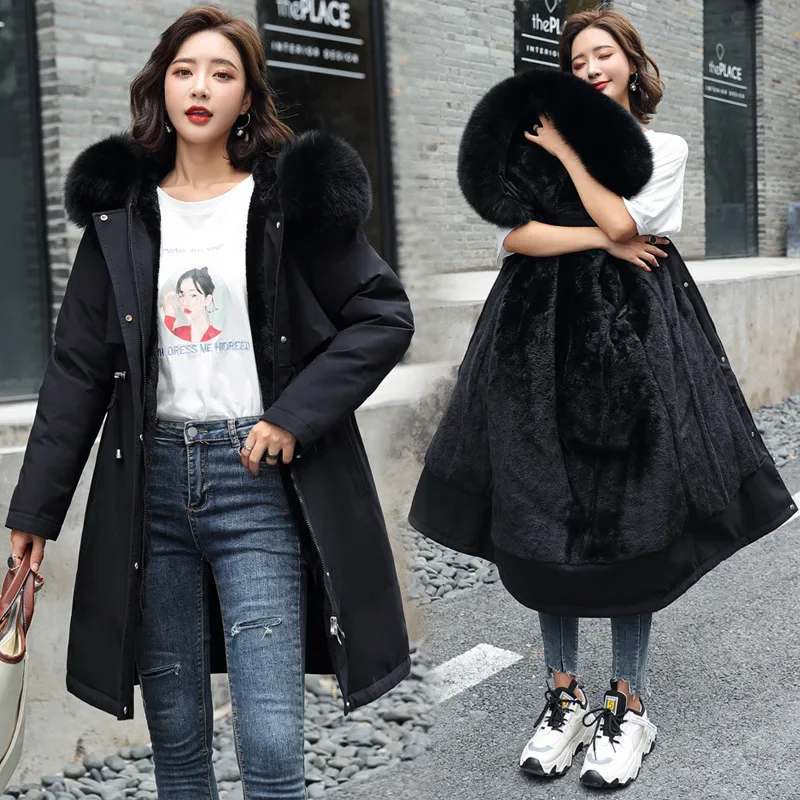 Parka de inverno 2024 novas mulheres jaqueta roupas casaco longo forro de lã com capuz jaqueta gola de pele grosso quente neve wear moda parka