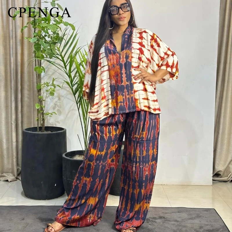 Letni dwuczęściowy zestaw afrykańskich ubrań Dashiki dla kobiet Plus Size z nadrukiem Top i spodnie 2025 Nigeryjski strój na co dzień