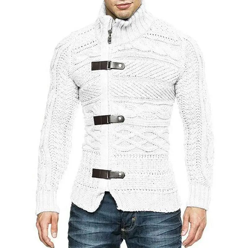 Herbst Winter Herren Rollkragenpullover Mantel Mode Leder Schnalle Langarm Strickjacke Mantel Große Größe Stricken Herren Kleidung