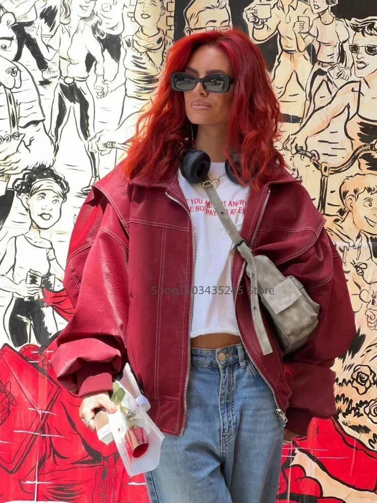 2025 neue Frauen Wein rot Reiß verschluss Lederjacke lässig Langarm Revers kurz geschnittenen Mantel Vintage Herbst Mode Oberbekleidung