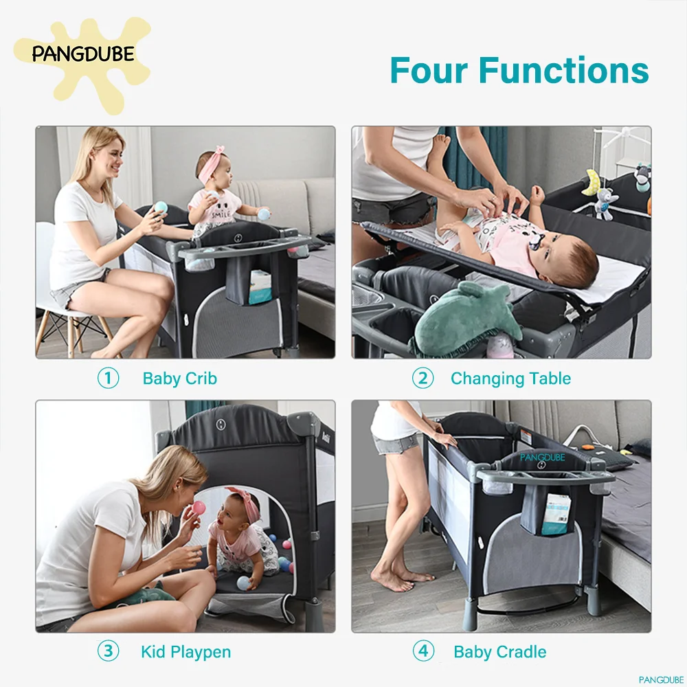 PANGDUBE Berceau pliable 4 en 1 pour bébé de 0 à 3 ans, lit multifonctionnel avec bascule, Table à langer pour bébé, parc pour bébé, assemblage gratuit
