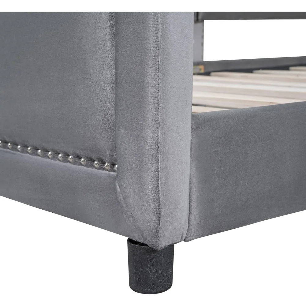 Gray Twin Size Bed Frame for Kids, Upholstered Twin Daybed with Classic Stripe Shaped Headboard, Velvet Twin Platform Bed