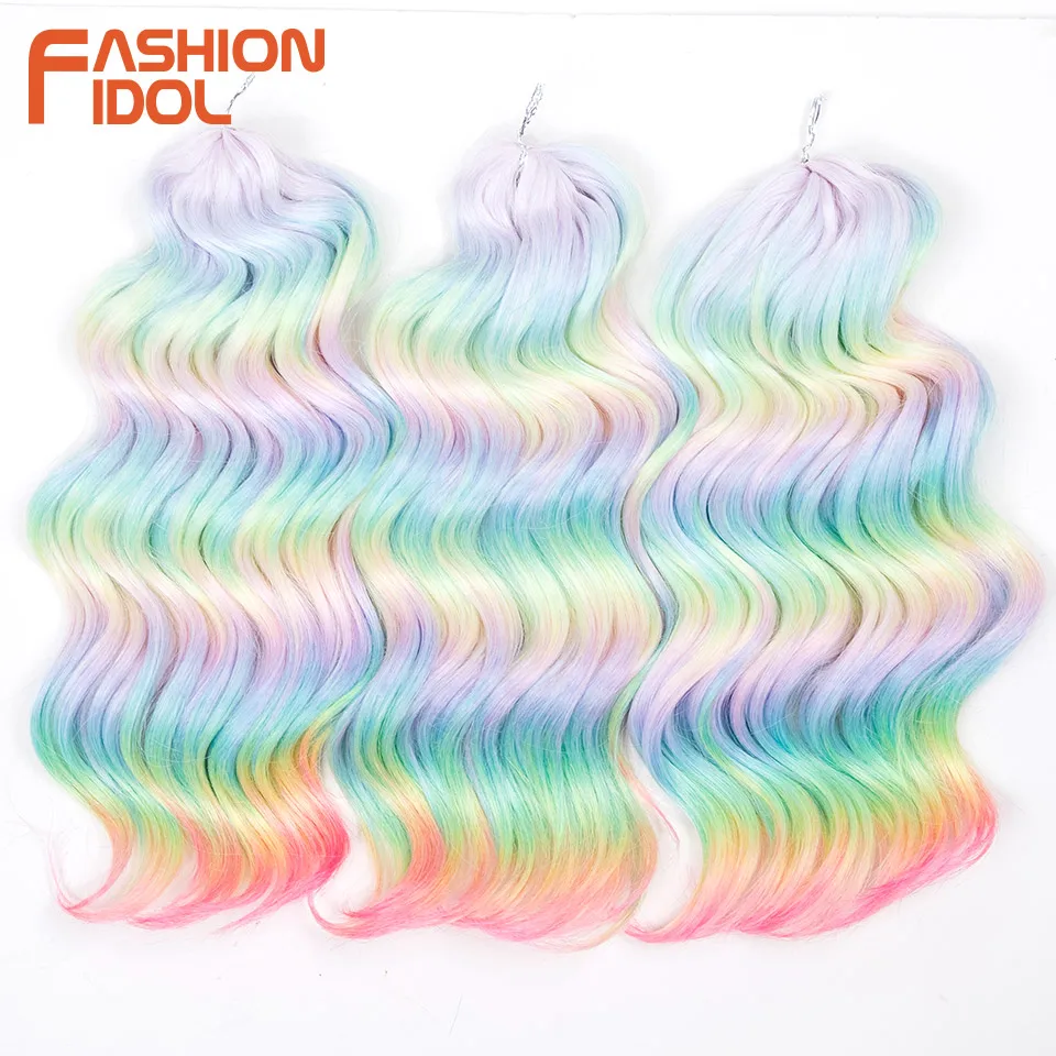 FASHION IDOL 16 Zoll 3 Stück tief gewelltes Twist-Häkelhaar, synthetisches lockiges Haar, Häkelzöpfe, Ombre-Regenbogen-Flechthaarverlängerung