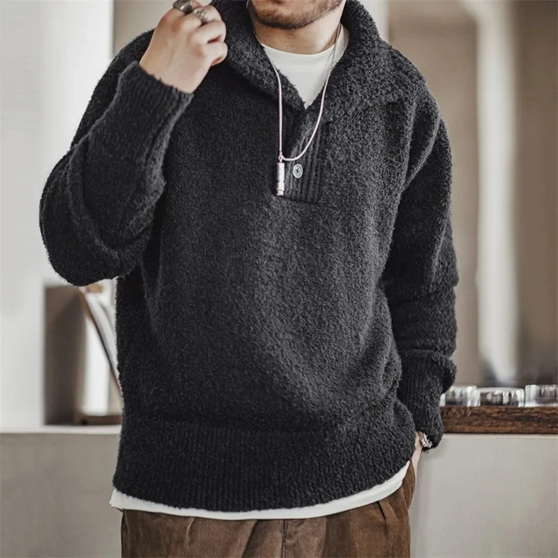 MADEN Herren-Strickpullover, Schwergewicht, 2024, Herbst und Winter, lange Ärmel, Umlegekragen, Schlaufengarn, Poloshirt, warmer Pullover, Strickwaren