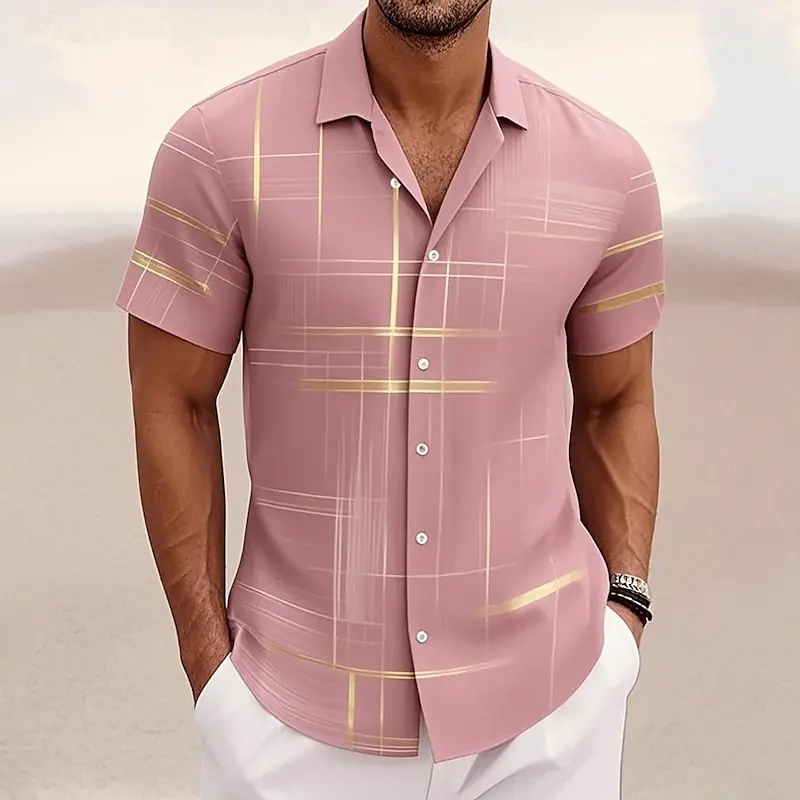 8-kleuren geometrisch rasteroverhemd voor heren, knoopoverhemd, korte mouw, mode, casual, buitenvakantie, streetwear, 3D-geprint reversoverhemd