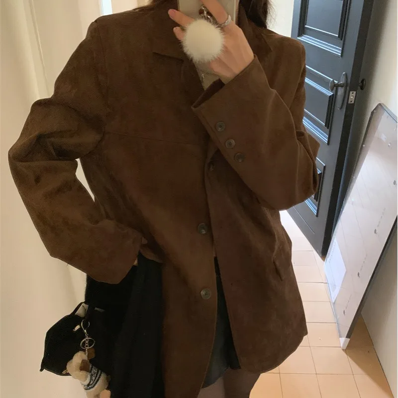 Jaqueta de Couro Casual Fena Estilo Coreano Retrô, Solta, com Padrão Xadrez, Manga Longa, Fechamento com Um Botão