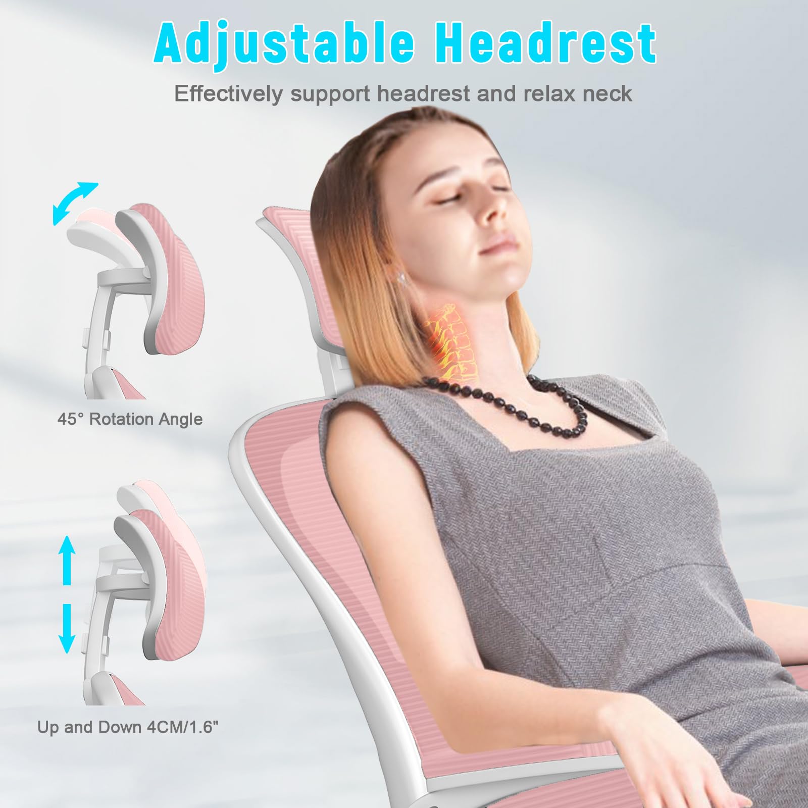 Chaise de bureau ergonomique rose, chaise de jeu relevable à dossier haut avec support lombaire, chaise de jeu pivotante, profondeur du siège réglable